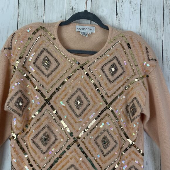 Vtg Outlander Sweater Sz L Wool Angora Blend Sequin Beaded Peach - Golden Girls - Picture 3 of 10